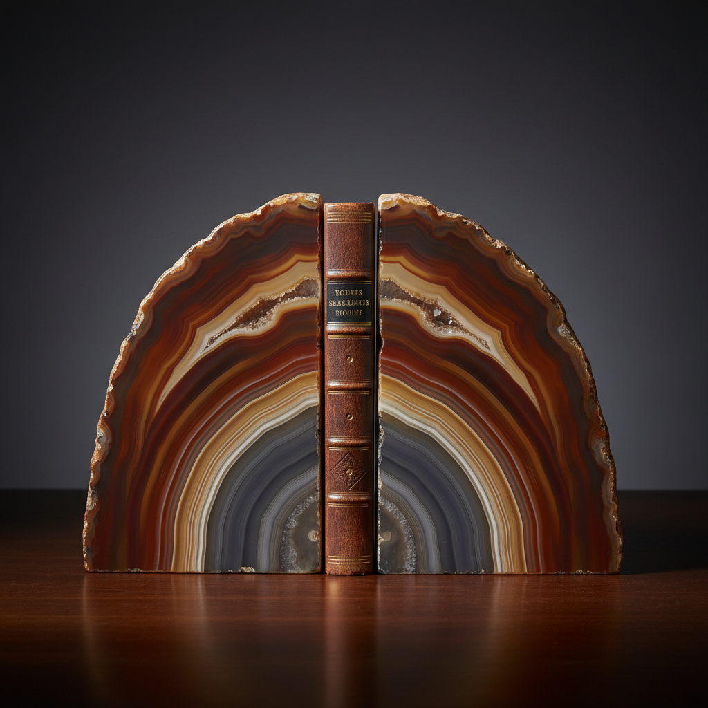Polished natural agate slice bookends showing beautiful banded mineral patterns in warm earth tones, luxury desk decor