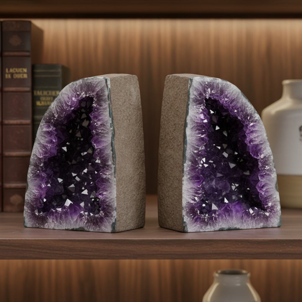 Pair of natural amethyst geode bookends with deep purple crystal interiors polished to reveal stunning formations, displayed on a wooden shelf