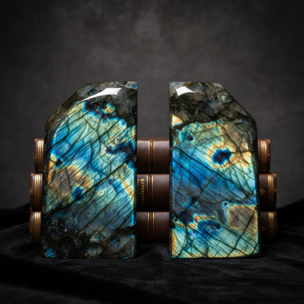 Labradorite mineral bookends displaying iridescent blue and green flash patterns, premium collector piece for luxury interiors