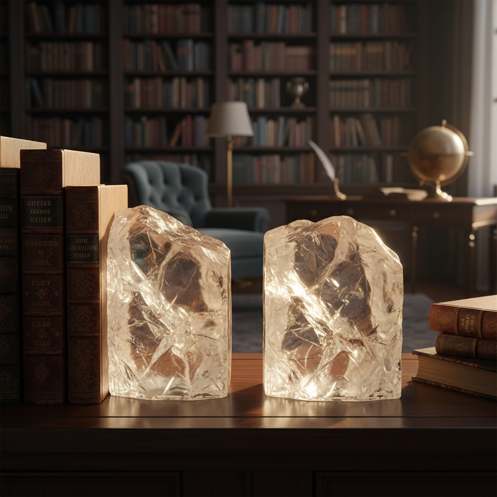 Clear quartz crystal bookends with natural faceted formations catching warm light, elegant library and office decor piece