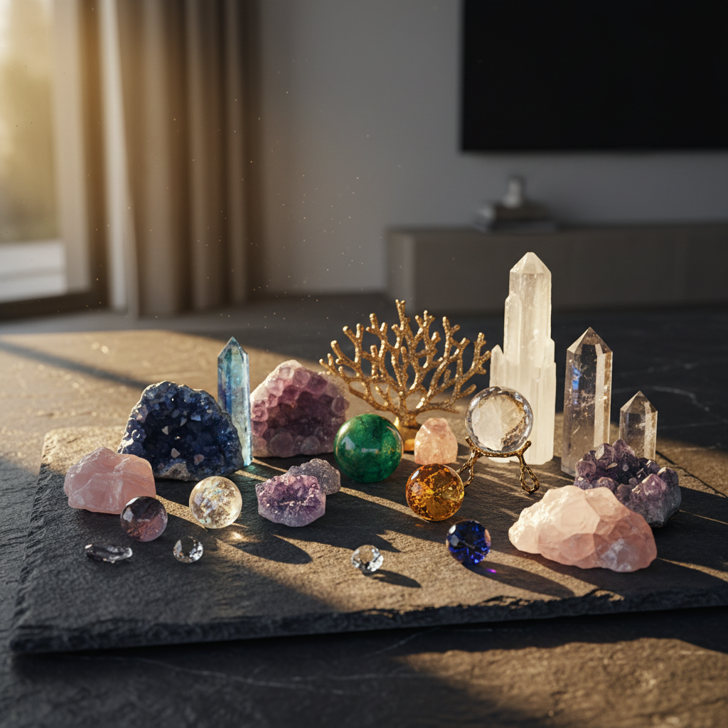 Collection of natural mineral crystals and gemstone decor pieces arranged on a dark slate surface with warm golden lighting highlighting their natural textures