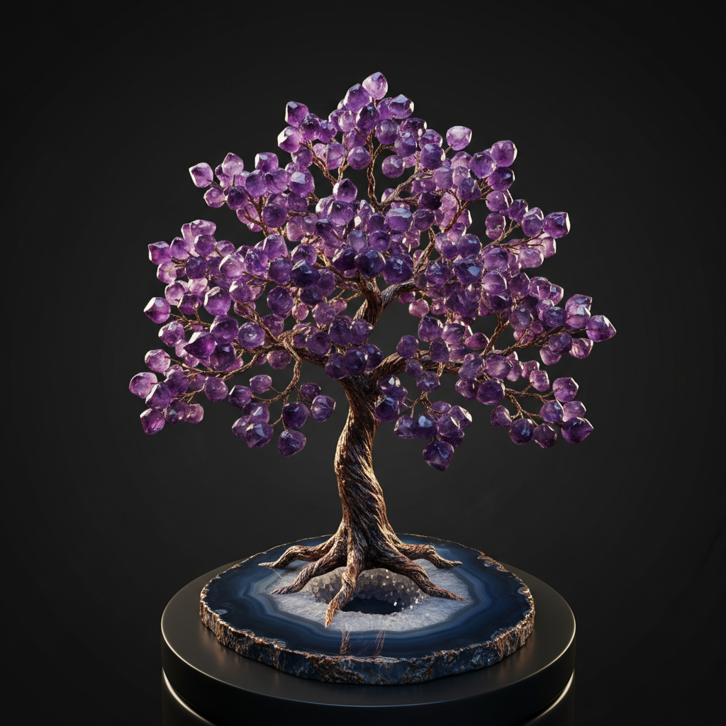 Elegant amethyst crystal tree with deep purple gemstone branches arranged on a natural agate base slice, warm studio lighting