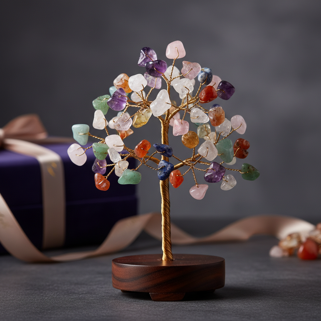 Small decorative gemstone tree featuring mixed natural crystals in various colors on a wooden base, luxury gift packaging visible