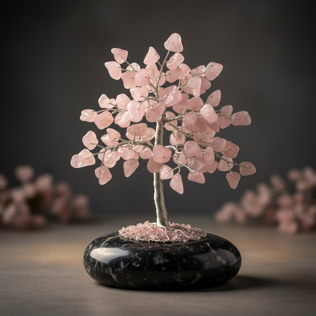 Handcrafted rose quartz gemstone tree with natural pink crystal branches on a polished stone base, photographed against a soft neutral background