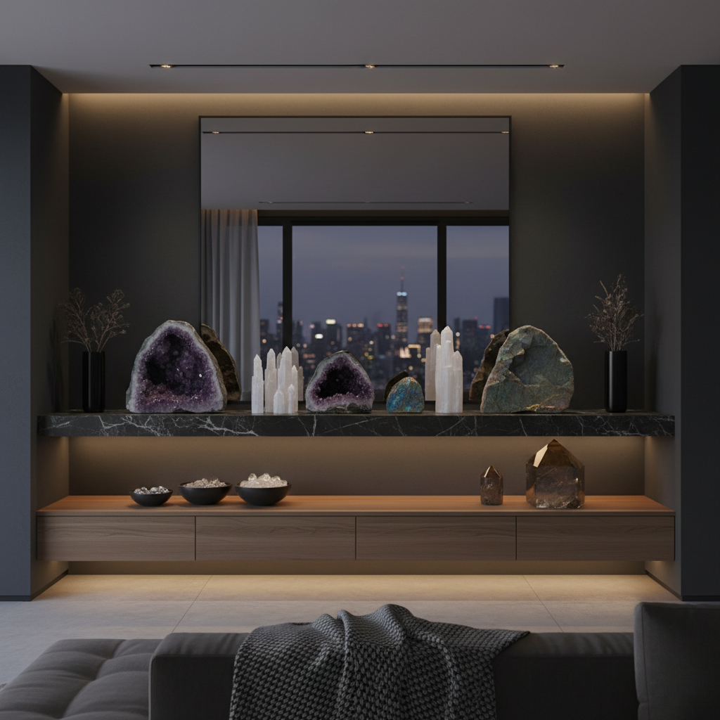 Natural crystal and mineral decor pieces displayed in a luxury home interior with warm ambient lighting and minimal styling