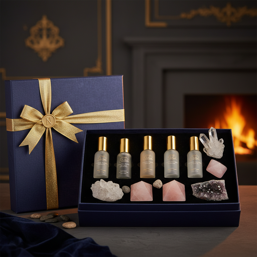 Luxury natural mineral gift set with crystal decor pieces arranged in premium packaging with gold ribbon, warm ambient lighting