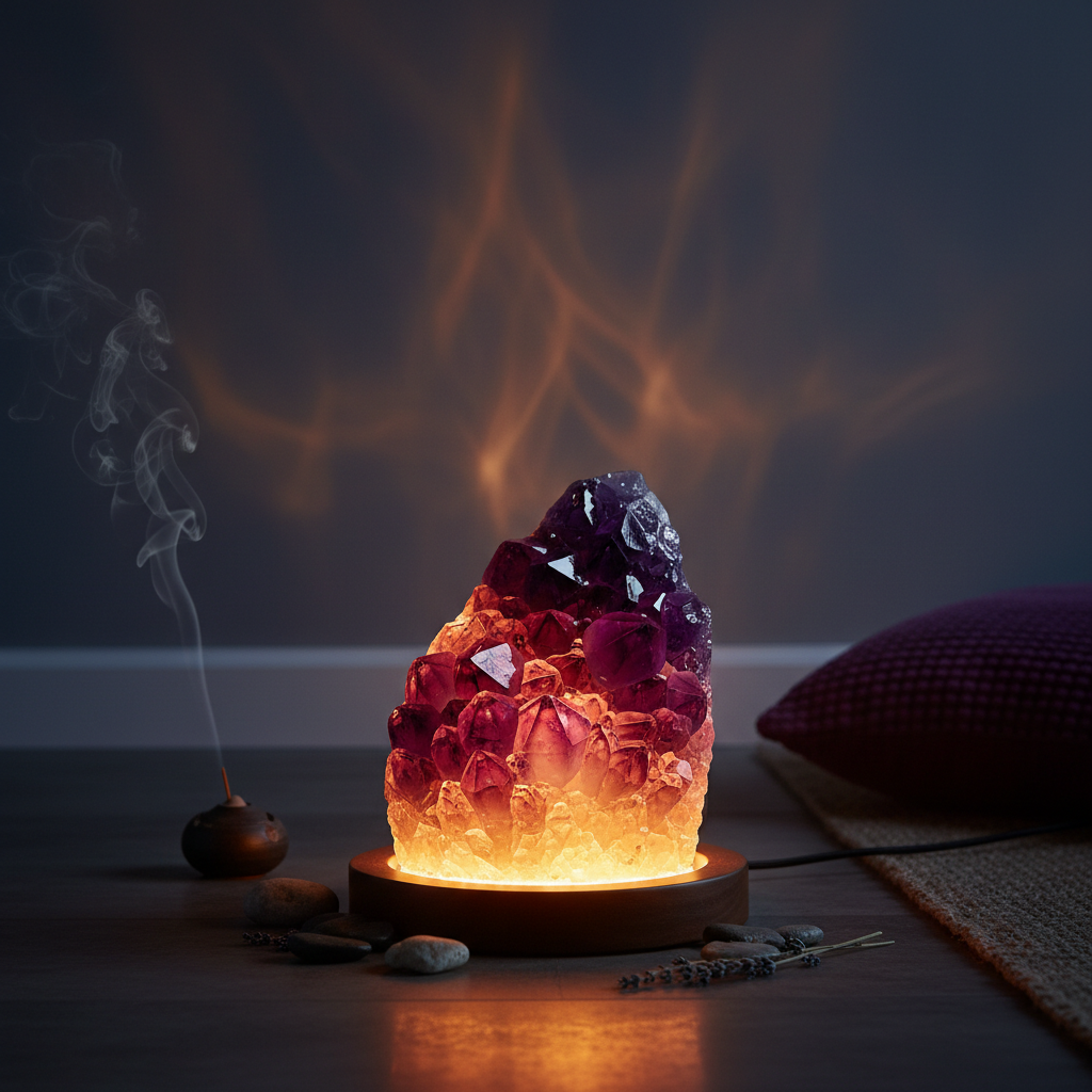 Natural amethyst crystal cluster lamp with warm LED base illuminating deep purple gemstone formations from below, meditation space decor
