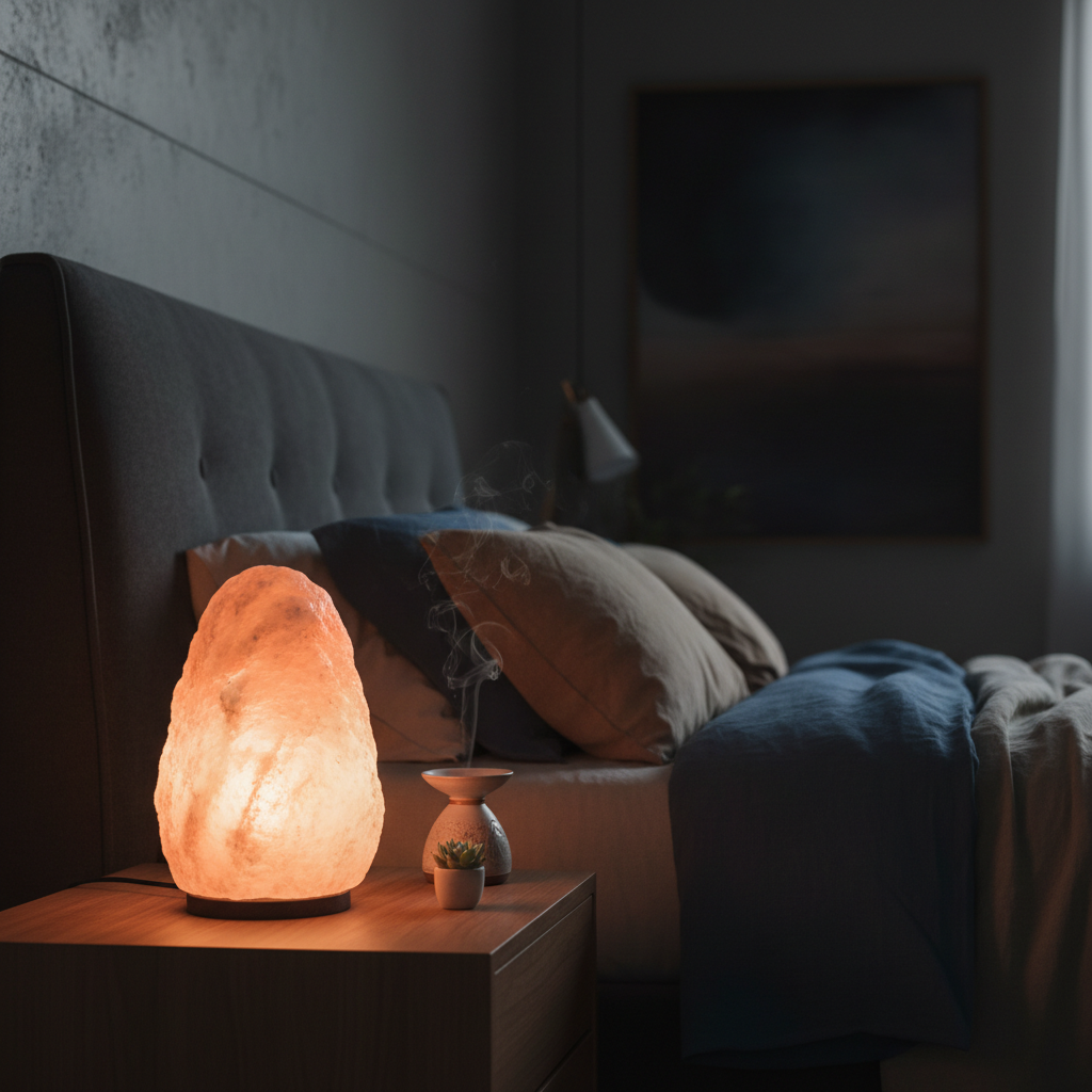 Natural Himalayan salt crystal lamp glowing with warm amber light, creating a calming atmosphere in a minimalist bedroom setting