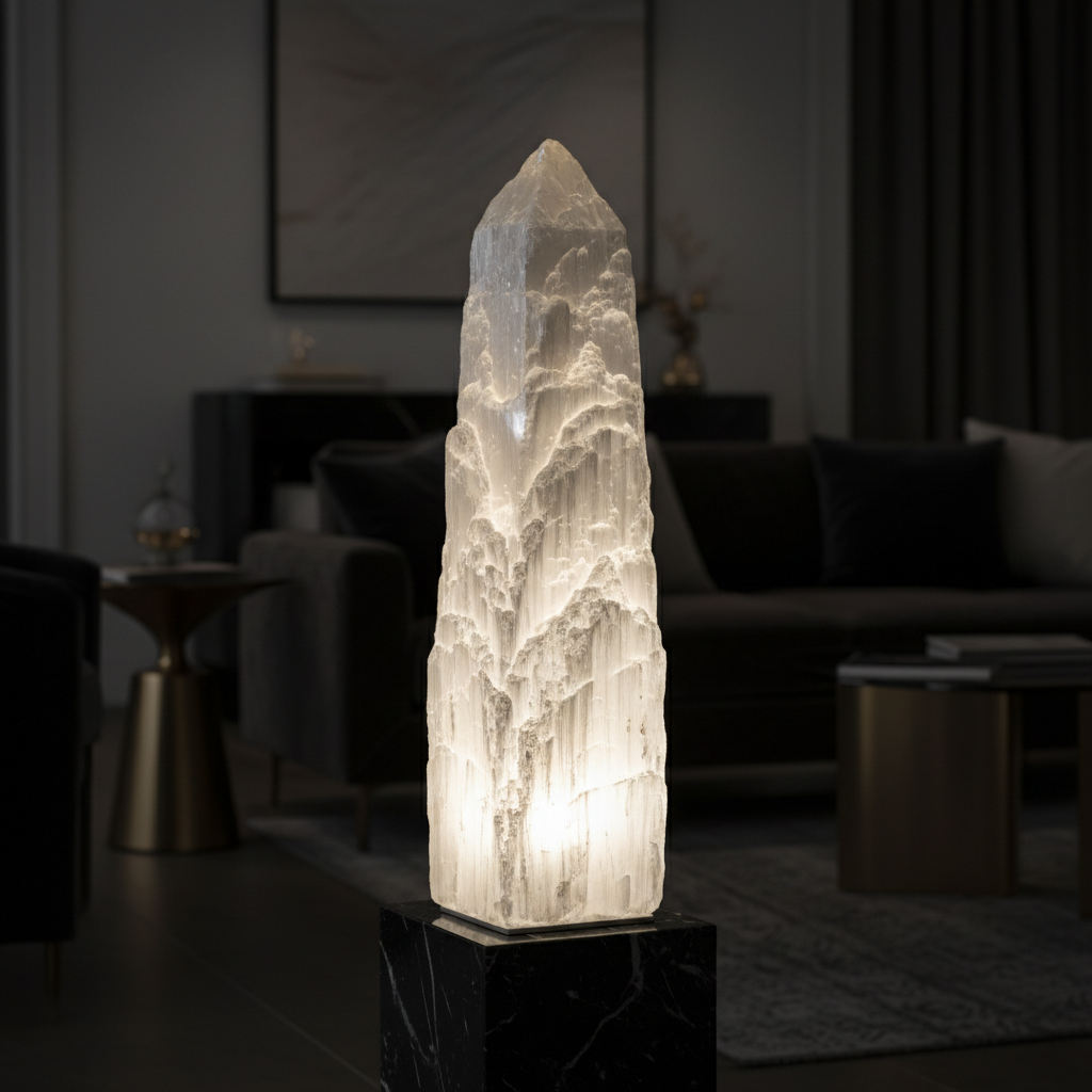 Tall selenite crystal tower lamp with internal LED illumination casting a soft white glow through translucent mineral formations